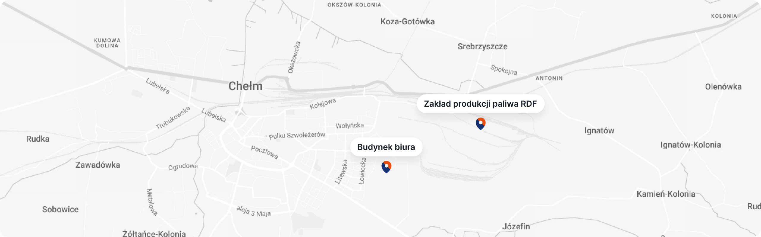 Mapa Chełma z zaznaczonym budynkiem biura i zakładem produkcji paliwa RDF na terenie Cementowni Chełm
