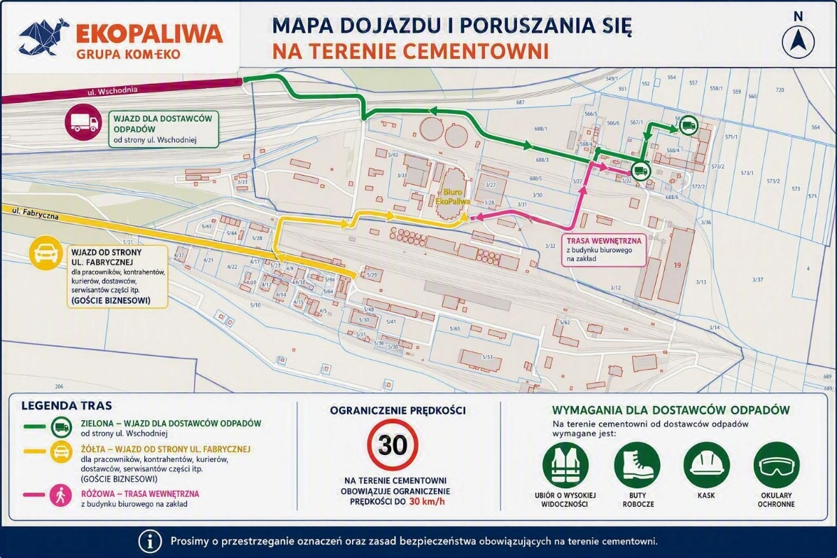 Mapa dojazdu na teren Cementowni Chełm: zielona trasa – wjazd dla dostawców odpadów od ul. Wschodniej, żółta – wjazd od ul. Fabrycznej dla gości, różowa – trasa do biura. Limit prędkości 30 km/h.